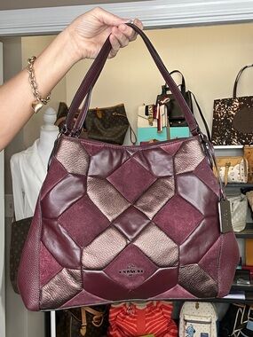 Coach Patchwork Suede & Leather Hobo Shoulder Bag 2016 Burgundy Metallic